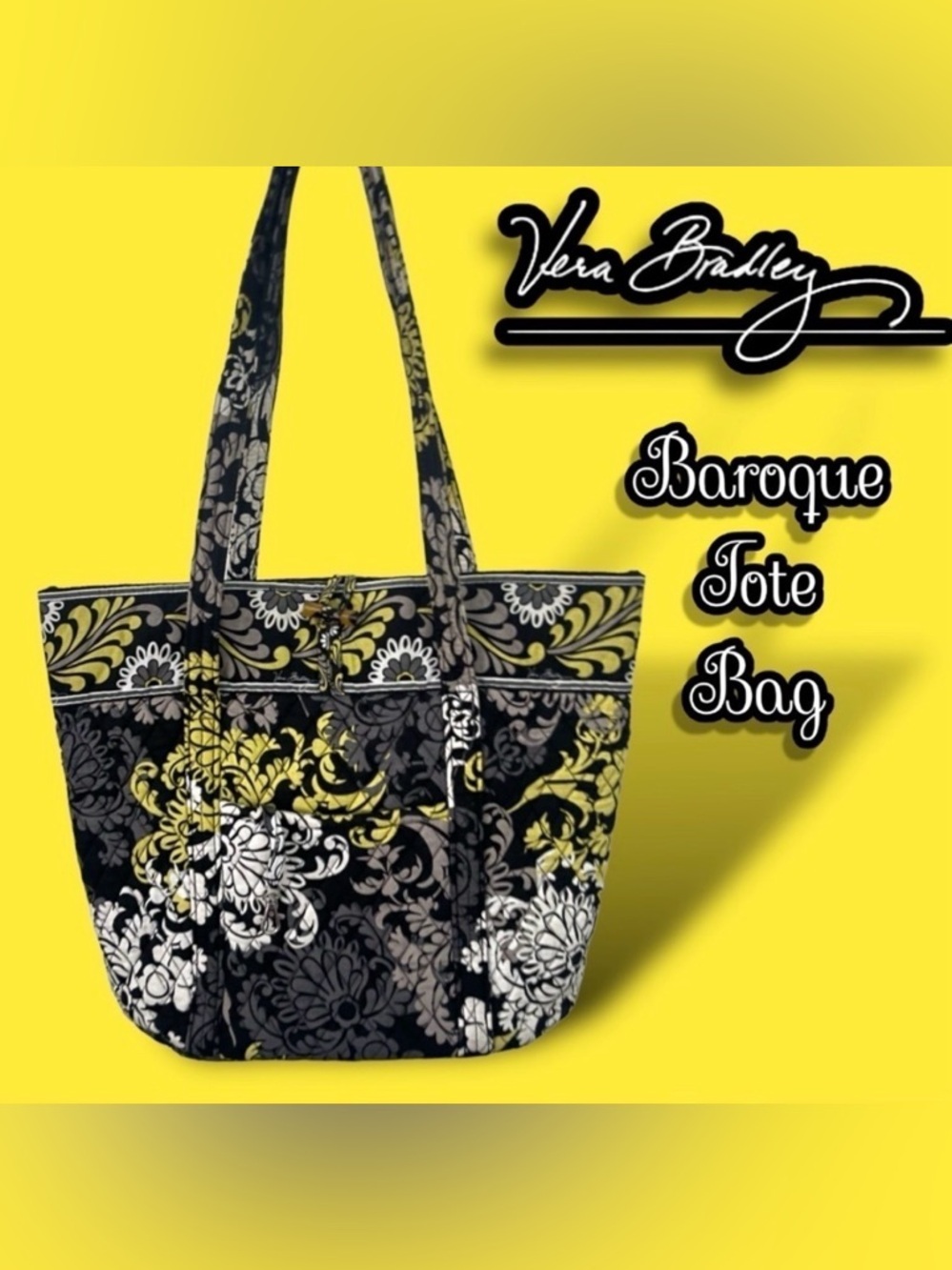 Vera Bradley Baroque Tote Purse Black White Yellow Gray 14x13 Super Nice!